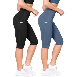 imageODODOS 2Pack High Waist Workout Capris with Pockets for Women 14quot  19quot Yoga Capri LeggingsBlackink Blue