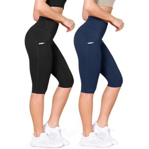 imageODODOS 2Pack High Waist Workout Capris with Pockets for Women 14quot  19quot Yoga Capri LeggingsBlacknavy