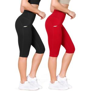 imageODODOS 2Pack High Waist Workout Capris with Pockets for Women 14quot  19quot Yoga Capri LeggingsBlackred
