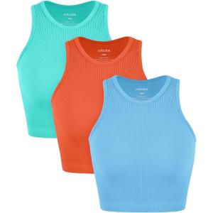 imageODODOS 3Pack Seamless Crop Tank for Women Ribbed Soft High Neck Cropped TopsAquaorangecyan Blue