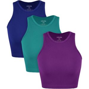 imageODODOS 3Pack Seamless Crop Tank for Women Ribbed Soft High Neck Cropped TopsPhloxsea Greenlapis