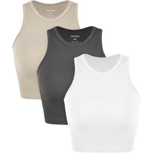 imageODODOS 3Pack Seamless Crop Tank for Women Ribbed Soft High Neck Cropped TopsWhitecharcoalmushroom