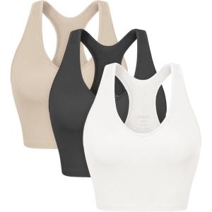 imageODODOS 3Pack Seamless Racerback Crop Tank for Women Ribbed Knit Soft Crop TopsWhitecharcoalmushroom