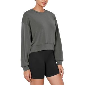 imageODODOS Modal Soft Long Sleeve Cropped Sweatshirts for Women Oversized Crew Neck Pullover Crop TopCharcoal Grey