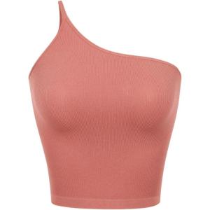 imageODODOS One Shoulder Crop Cami Tank for Women Seamless Ribbed Asymmetric Cropped TopsCoral