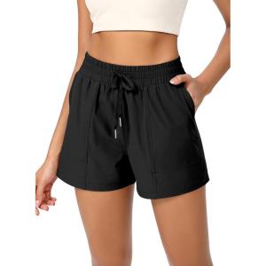 imageODODOS Stretch Woven Athletic Shorts for Women High Waist Summer Lightweight Casual Shorts with PocketsBlack
