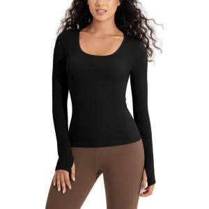 imageODODOS Womens Long Sleeve Round Neck Tops Ribbed Knit Casual Tee Slim Fit Seamless Basic T ShirtsBlack