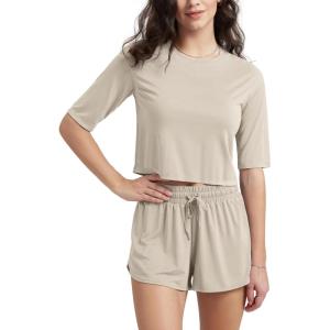 imageODODOS Womens PeachSoft Relaxed Fit Cropped TShirt Short Sleeve Crew Neck Casual Lounge TopBeige