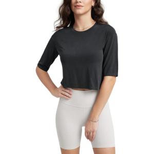 imageODODOS Womens PeachSoft Relaxed Fit Cropped TShirt Short Sleeve Crew Neck Casual Lounge TopBlack