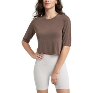 imageODODOS Womens PeachSoft Relaxed Fit Cropped TShirt Short Sleeve Crew Neck Casual Lounge TopTea Brown