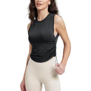 imageODODOS Womens Side Ruched Muscle Tee PeachSoft Sleeveless Shirts Crew Neck Tank TopsBlack