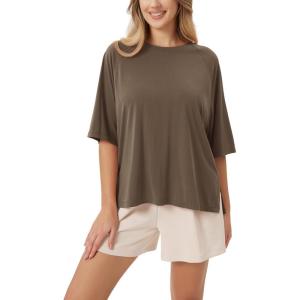 imageODODOS Womens Side Split Tee Modal Soft Raglan Short Sleeve Relaxed Fit Casual Lounge TShirts Yoga TopsBrown