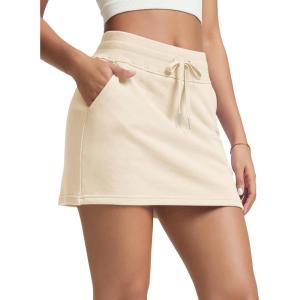 imageODODOS Womens Cotton French Terry Skorts Drawstring Tie Builtin Shorts Daily Skirts with PocketsBeige