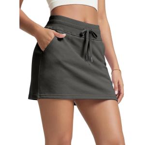 imageODODOS Womens Cotton French Terry Skorts Drawstring Tie Builtin Shorts Daily Skirts with PocketsCharcoal