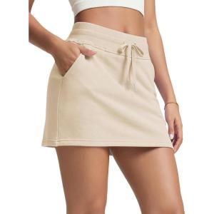 imageODODOS Womens Cotton French Terry Skorts Drawstring Tie Builtin Shorts Daily Skirts with PocketsLight Khaki