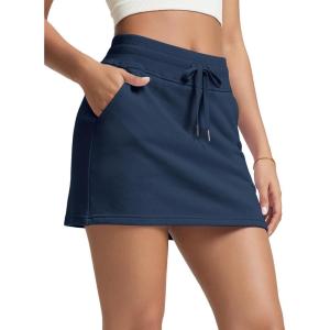 imageODODOS Womens Cotton French Terry Skorts Drawstring Tie Builtin Shorts Daily Skirts with PocketsNavy
