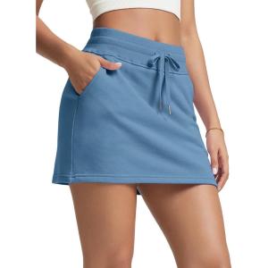 imageODODOS Womens Cotton French Terry Skorts Drawstring Tie Builtin Shorts Daily Skirts with PocketsSteel Blue