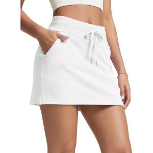 imageODODOS Womens Cotton French Terry Skorts Drawstring Tie Builtin Shorts Daily Skirts with PocketsWhite