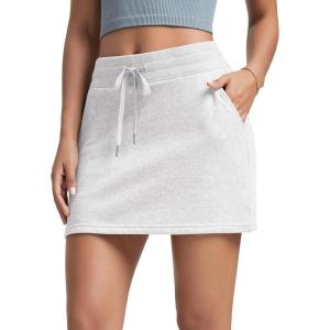 imageODODOS Womens Cotton French Terry Skorts Drawstring Tie Builtin Shorts Daily Skirts with PocketsWhite Heather
