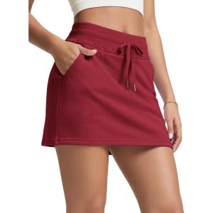 imageODODOS Womens Cotton French Terry Skorts Drawstring Tie Builtin Shorts Daily Skirts with PocketsWine