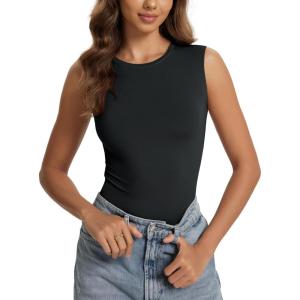 imageODODOS Womens Double Layer Sleeveless Tee UltraSoft Lightweight Crew Neck Basic TShirts Slim Fit Tank TopBlack