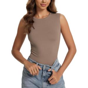 imageODODOS Womens Double Layer Sleeveless Tee UltraSoft Lightweight Crew Neck Basic TShirts Slim Fit Tank TopChocolate Malt