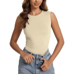 imageODODOS Womens Double Layer Sleeveless Tee UltraSoft Lightweight Crew Neck Basic TShirts Slim Fit Tank TopWheat