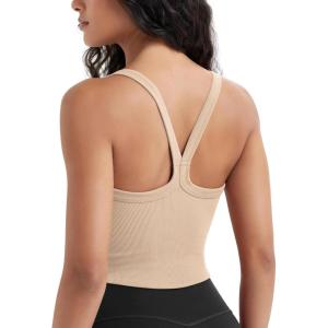 imageODODOS Womens Seamless Crop Cami Wide Scoop Neck Ribbed Soft Open Racerback Cropped TankBeige