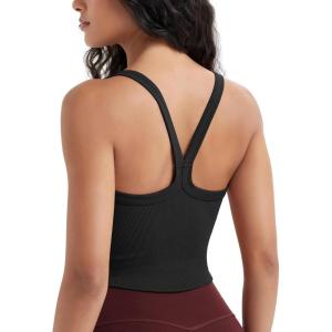 imageODODOS Womens Seamless Crop Cami Wide Scoop Neck Ribbed Soft Open Racerback Cropped TankBlack