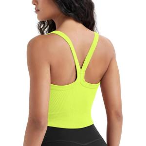 imageODODOS Womens Seamless Crop Cami Wide Scoop Neck Ribbed Soft Open Racerback Cropped TankNeon Green