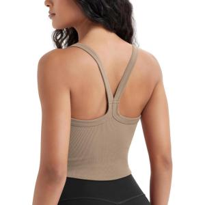 imageODODOS Womens Seamless Crop Cami Wide Scoop Neck Ribbed Soft Open Racerback Cropped TankTaupe