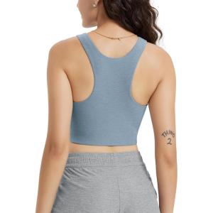 imageODODOS Racerback Tank Bra for Women High Neck Non Padded Medium Support Sports Bra Workout Yoga Crop TopsDusty Blue Heather