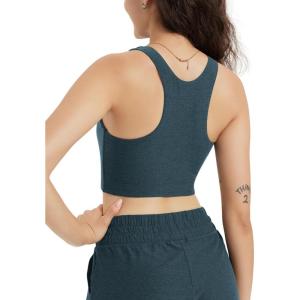 imageODODOS Racerback Tank Bra for Women High Neck Non Padded Medium Support Sports Bra Workout Yoga Crop TopsNavy Heather