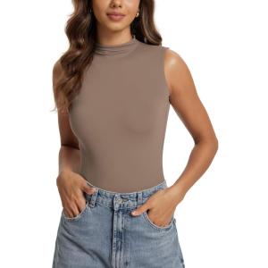 imageODODOS Womens Double Layer Mock Neck Sleeveless Tee UltraSoft Lightweight Basic TShirts Slim Fit Tank TopChocolate Malt