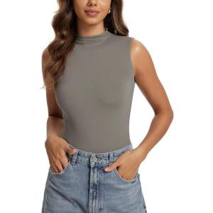 imageODODOS Womens Double Layer Mock Neck Sleeveless Tee UltraSoft Lightweight Basic TShirts Slim Fit Tank TopDesert Taupe