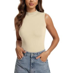 imageODODOS Womens Double Layer Mock Neck Sleeveless Tee UltraSoft Lightweight Basic TShirts Slim Fit Tank TopWheat