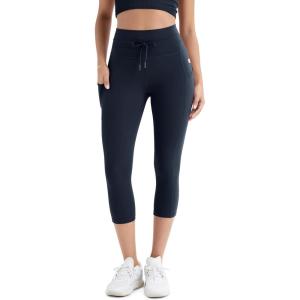imageODODOS Womens Drawstring Tie Daily Capri Leggings with Pockets 19quot Inseam High Waist Workout Cropped Yoga PantsDeep Navy