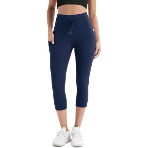 imageODODOS Womens Drawstring Tie Daily Capri Leggings with Pockets 19quot Inseam High Waist Workout Cropped Yoga PantsNavy