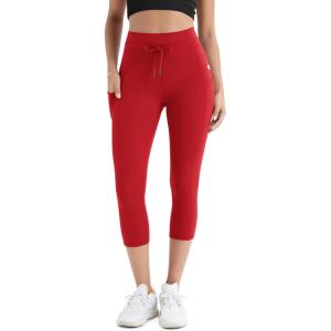 imageODODOS Womens Drawstring Tie Daily Capri Leggings with Pockets 19quot Inseam High Waist Workout Cropped Yoga PantsRed