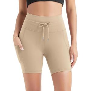 imageODODOS Womens Drawstring Tie Daily Shorts with Pockets 6quot Inseam High Waist Workout Yoga Biker ShortsBeige