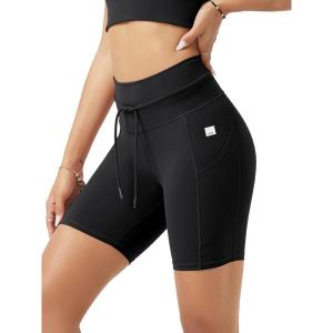 imageODODOS Womens Drawstring Tie Daily Shorts with Pockets 6quot Inseam High Waist Workout Yoga Biker ShortsBlack
