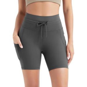 imageODODOS Womens Drawstring Tie Daily Shorts with Pockets 6quot Inseam High Waist Workout Yoga Biker ShortsCharcoal