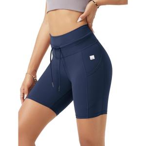 imageODODOS Womens Drawstring Tie Daily Shorts with Pockets 6quot Inseam High Waist Workout Yoga Biker ShortsNavy