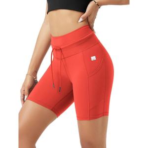 imageODODOS Womens Drawstring Tie Daily Shorts with Pockets 6quot Inseam High Waist Workout Yoga Biker ShortsOrange Red