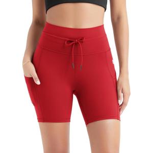 imageODODOS Womens Drawstring Tie Daily Shorts with Pockets 6quot Inseam High Waist Workout Yoga Biker ShortsRed