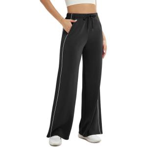 imageODODOS Womens Modal Soft Extra Wide Leg Pants with Pockets Drawstring High Waist PullOn Casual PantsPiping Black
