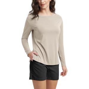 imageODODOS Womens PeachSoft Boat Neck Long Sleeve Shirt Side Slit Relaxed Fit Casual Top for Yoga ampamp LoungeBeige