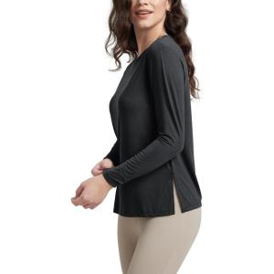 imageODODOS Womens PeachSoft Boat Neck Long Sleeve Shirt Side Slit Relaxed Fit Casual Top for Yoga ampamp LoungeBlack