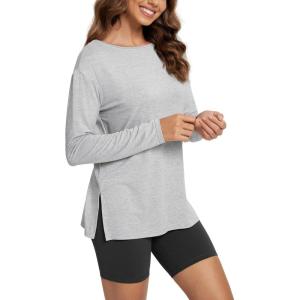 imageODODOS Womens PeachSoft Boat Neck Long Sleeve Shirt Side Slit Relaxed Fit Casual Top for Yoga ampamp LoungeHeather Grey