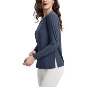 imageODODOS Womens PeachSoft Boat Neck Long Sleeve Shirt Side Slit Relaxed Fit Casual Top for Yoga ampamp LoungeNaval